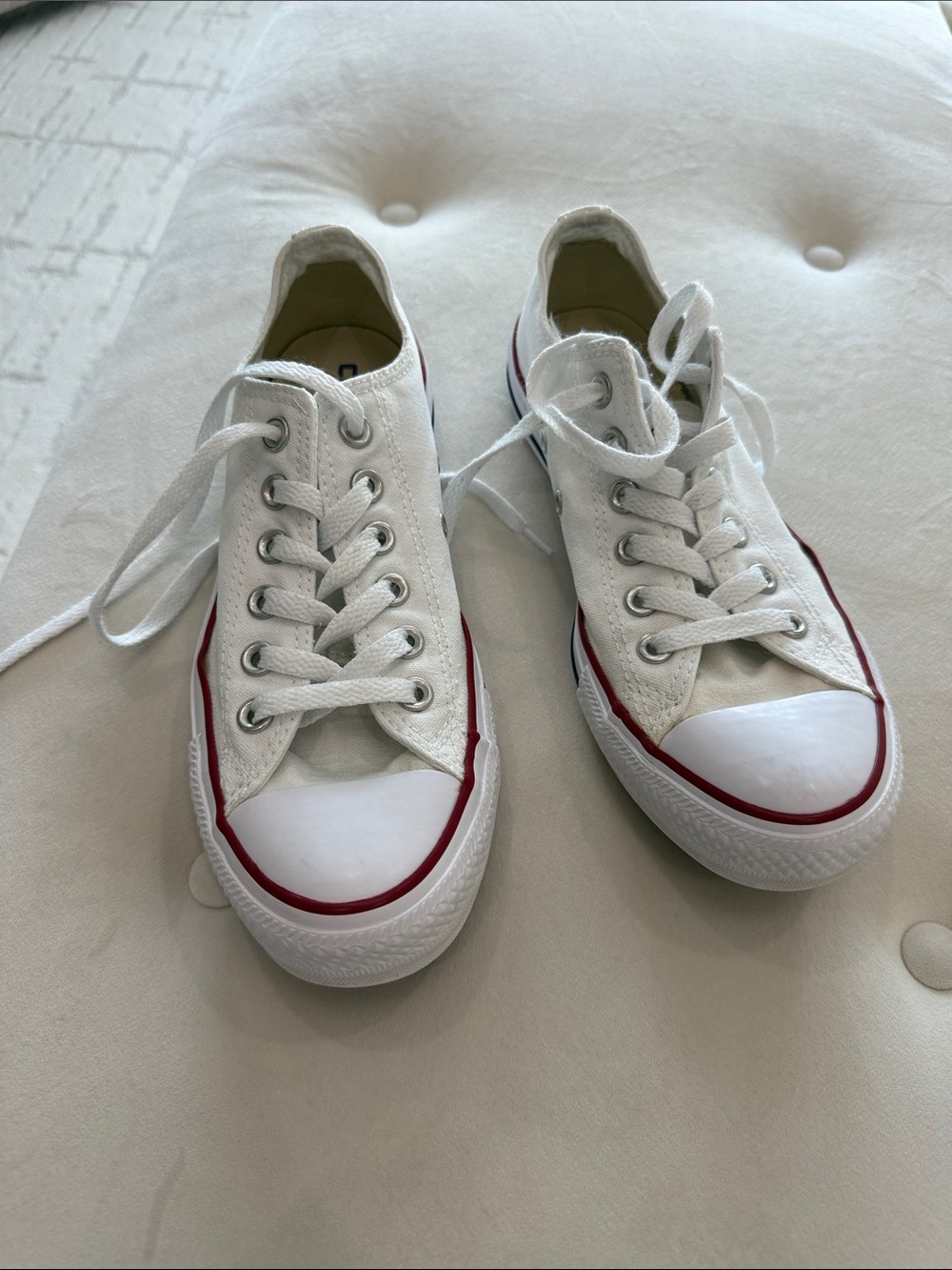 White Canvas Low-Top Athletic Sneakers with Red Trim